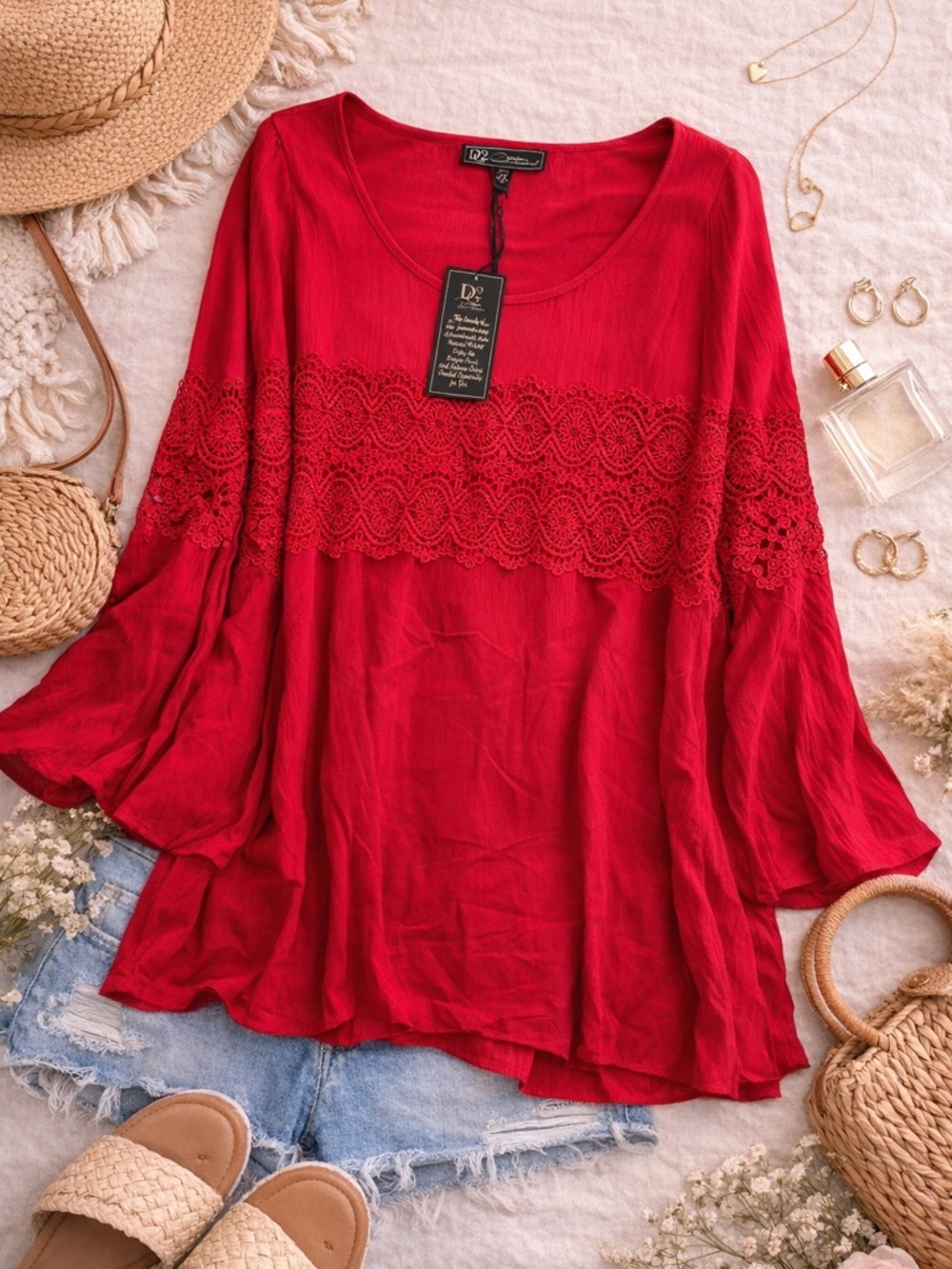 Red Lace Boho Blouse 2X | Flowing Bell Sleeve Top | Romantic Statement Piece
